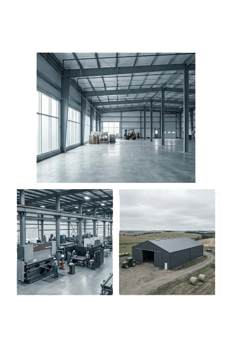 Steel building applications including warehouse, industrial facility, and agricultural building in Canada