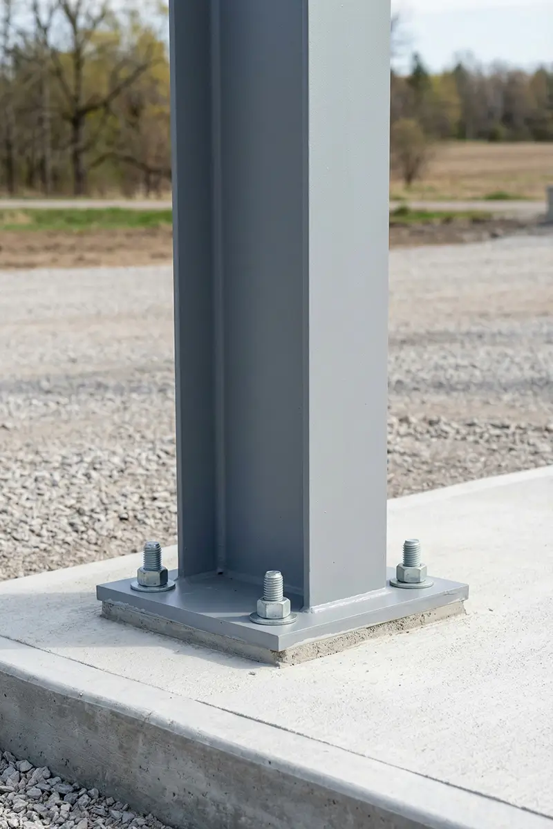 Steel column base plate with anchor bolts embedded in concrete foundation for structural support