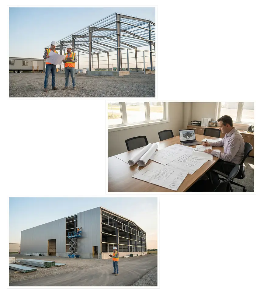Steel building engineering process showing consultation site review permit drawings and construction coordination in Canada