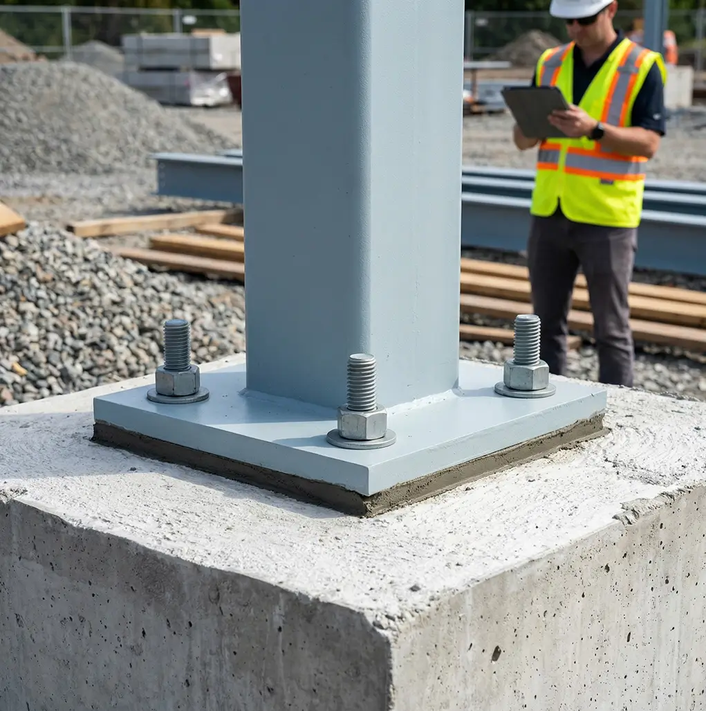 Steel column anchored to concrete foundation with inspection of anchor bolt placement on construction site
