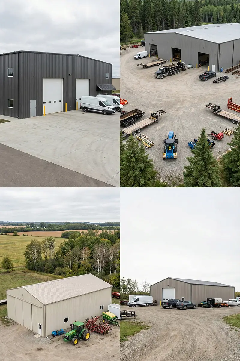 Steel buildings used in commercial and agricultural settings with foundation systems designed for Canadian site conditions