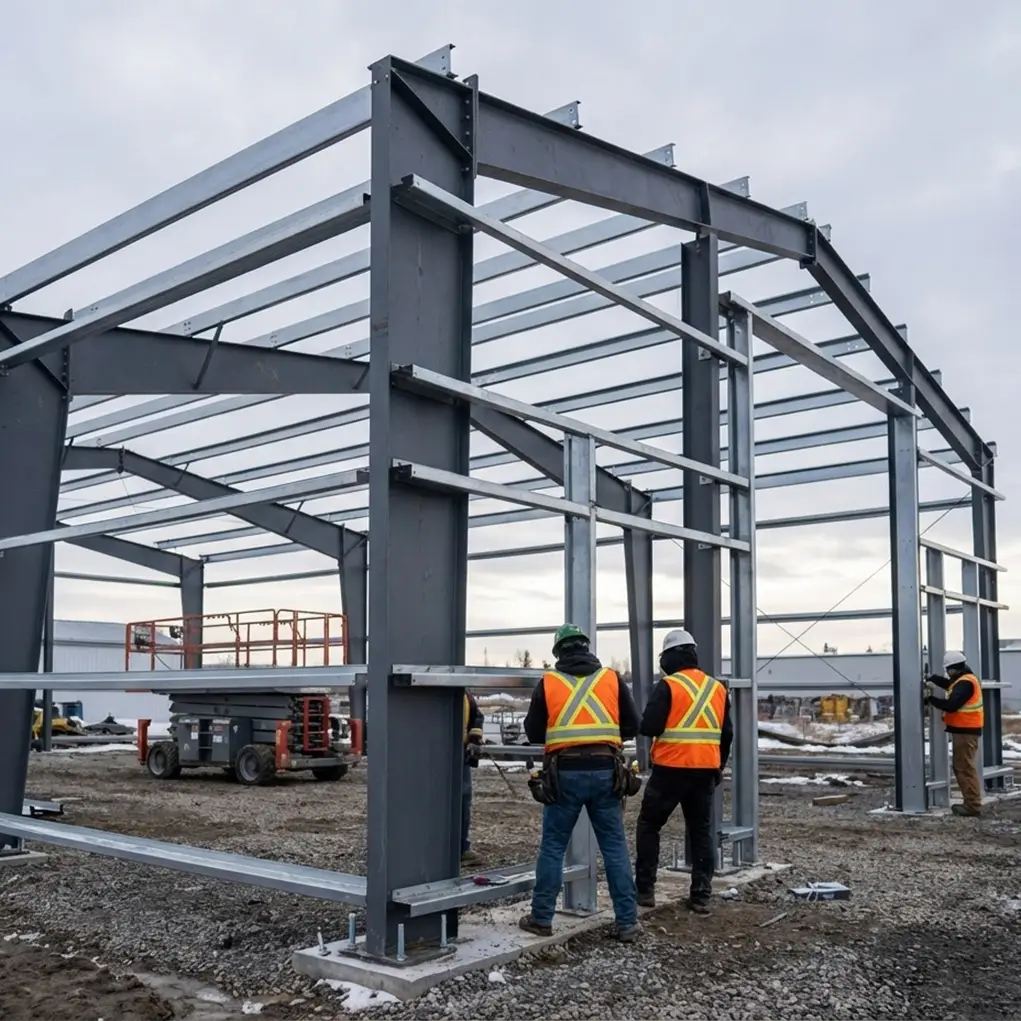 Workers installing steel building frame on site showing column and beam alignment during construction