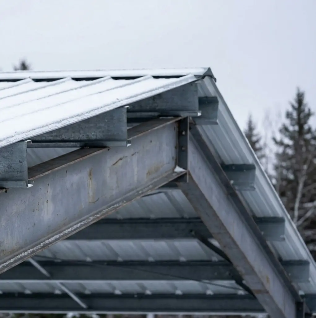 Steel building rigid frame structure on concrete piers in snow conditions at a Canadian construction site