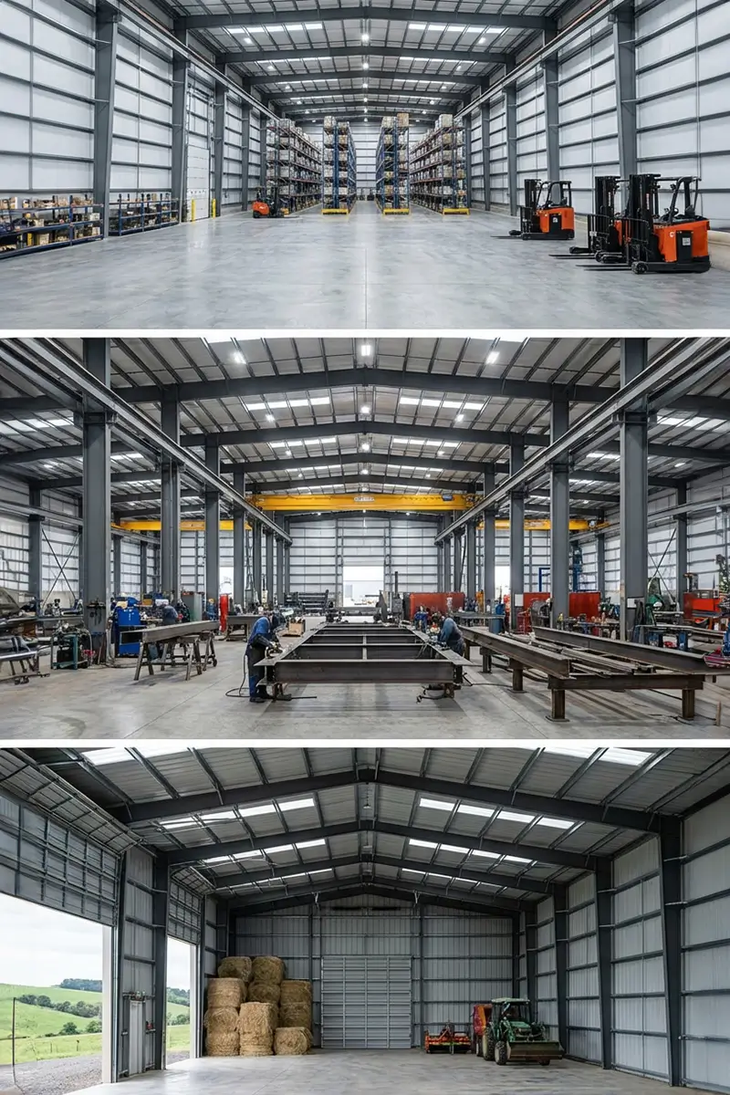 Interior views of steel buildings including warehouse, industrial facility, and agricultural structure in Canada