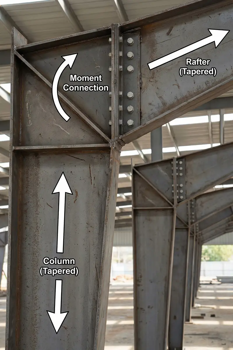 Steel building moment connection showing column and rafter joint with bolted connection detail