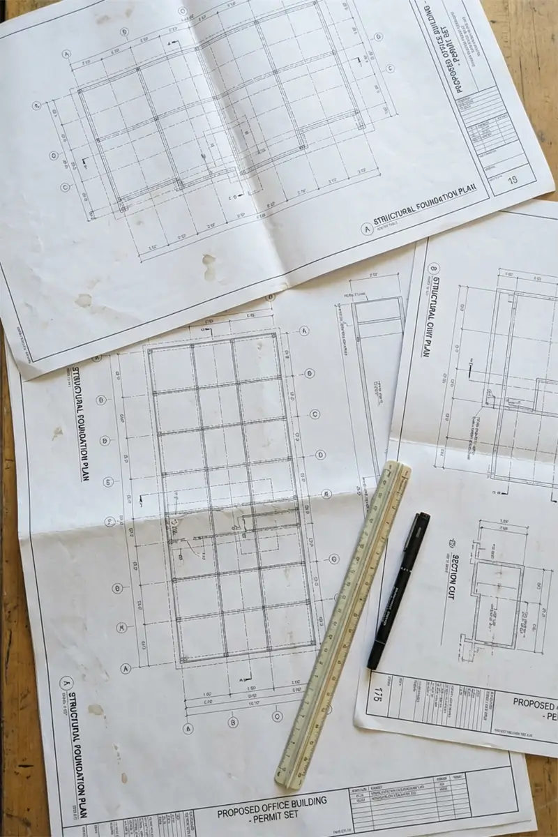 Structural foundation and permit drawings for steel building showing layout and engineering details
