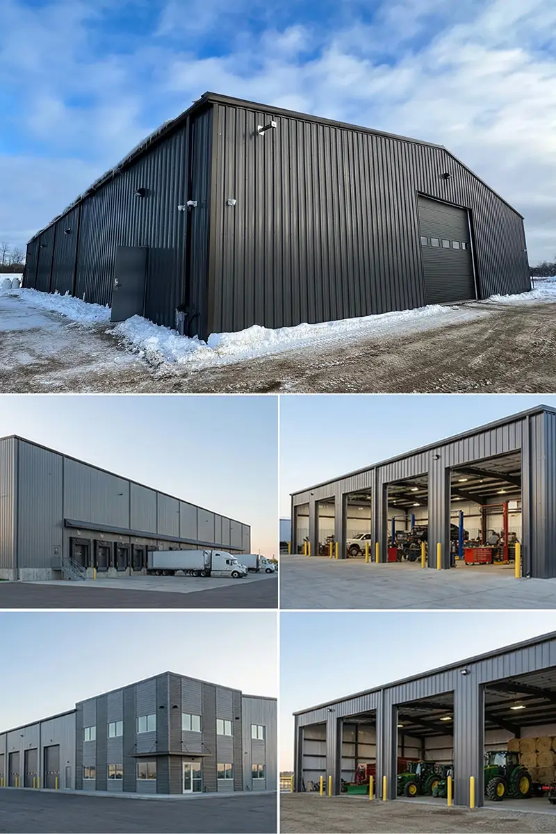 Rigid frame steel building showing load path connections and force transfer through structure