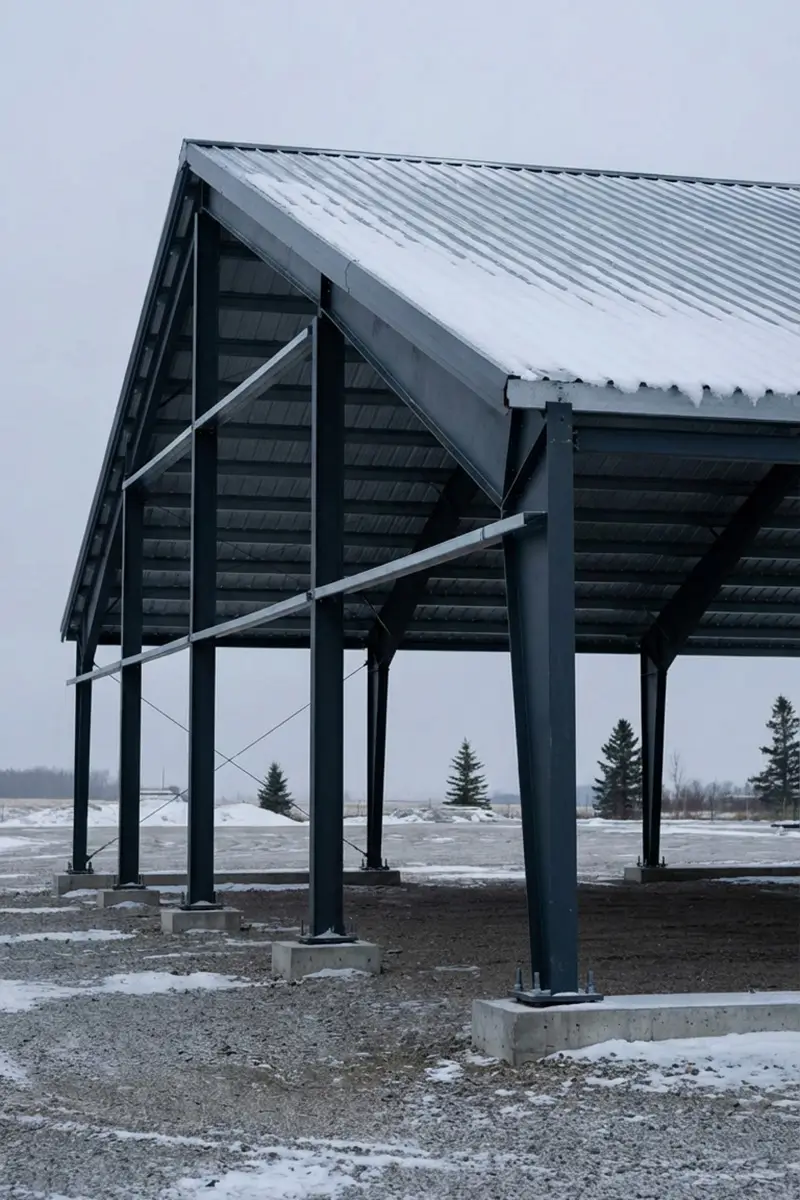 Rigid frame steel building roof connection showing purlins and rafter joint under load conditions
