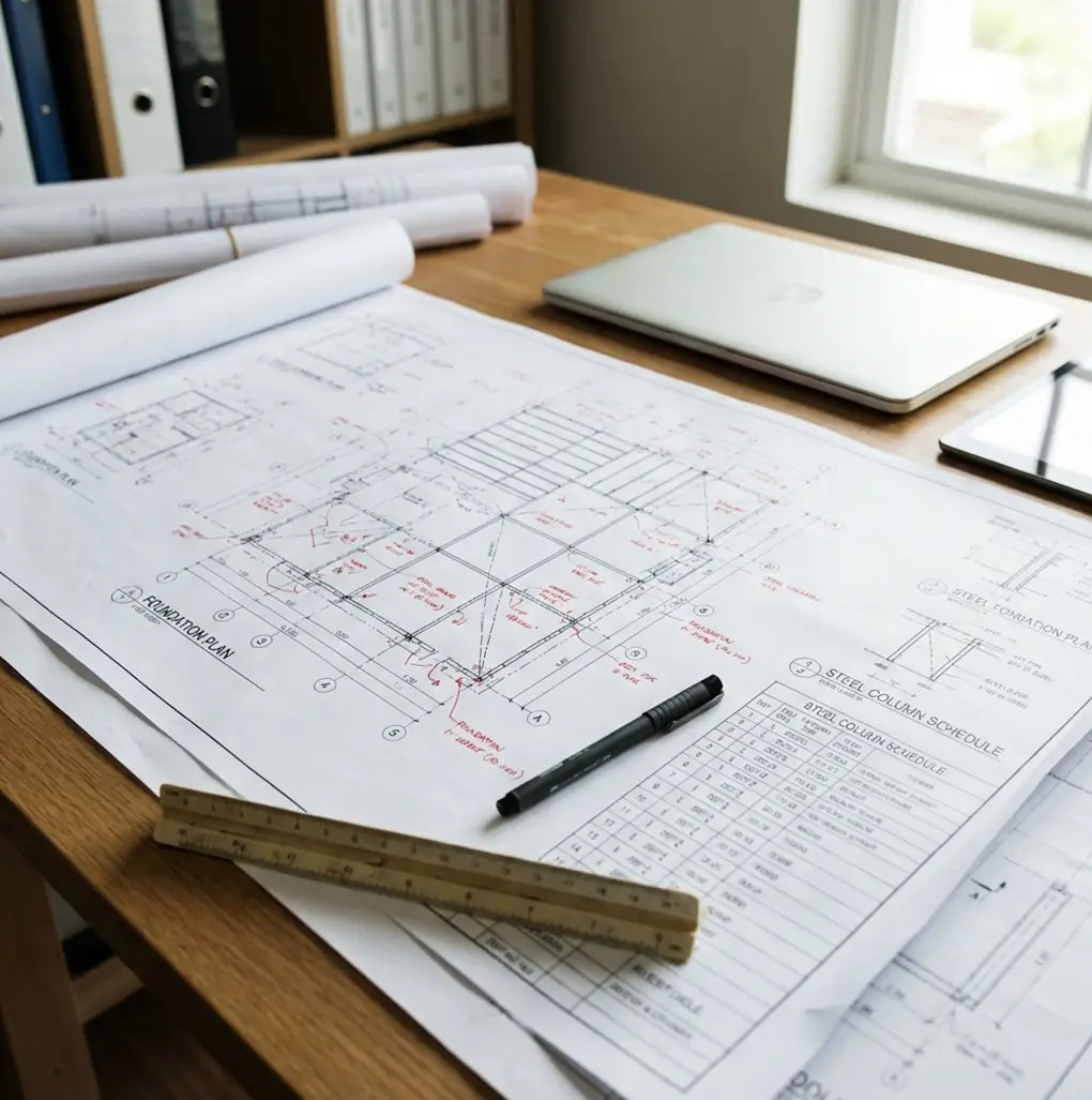 Steel building structural design drawings with load calculations and engineering notes for permit review