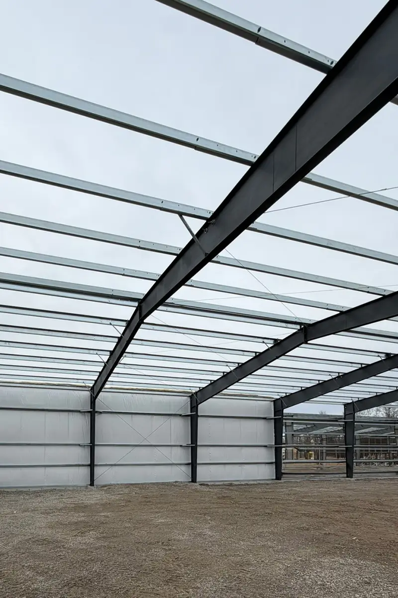 Steel building structural frame showing beams columns and roof system before cladding installation