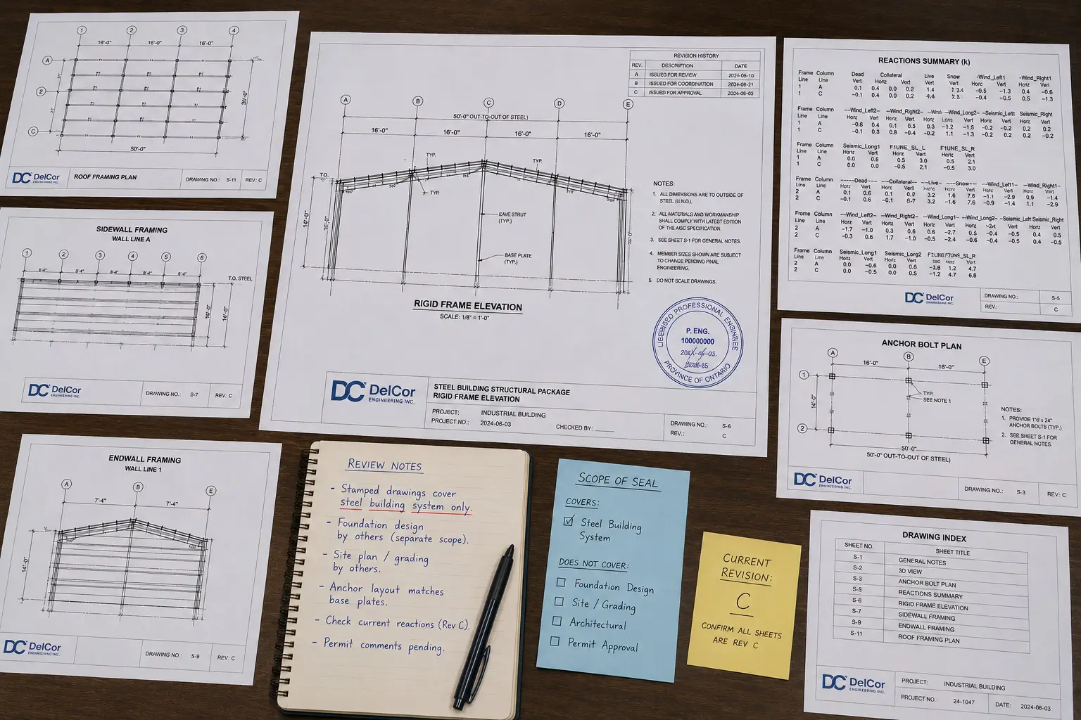 Illustrative P.Eng-stamped steel building drawings with structural reactions, anchor-bolt plan, revision C and notes defining the engineering seal scope.