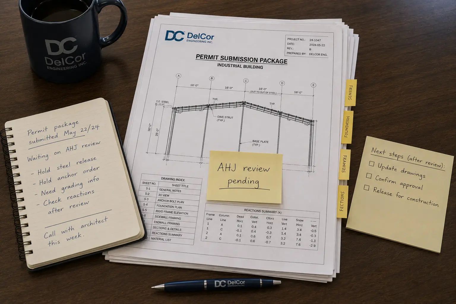Steel building permit submission package marked AHJ review pending, with notes to hold steel release and anchor ordering until approval.
