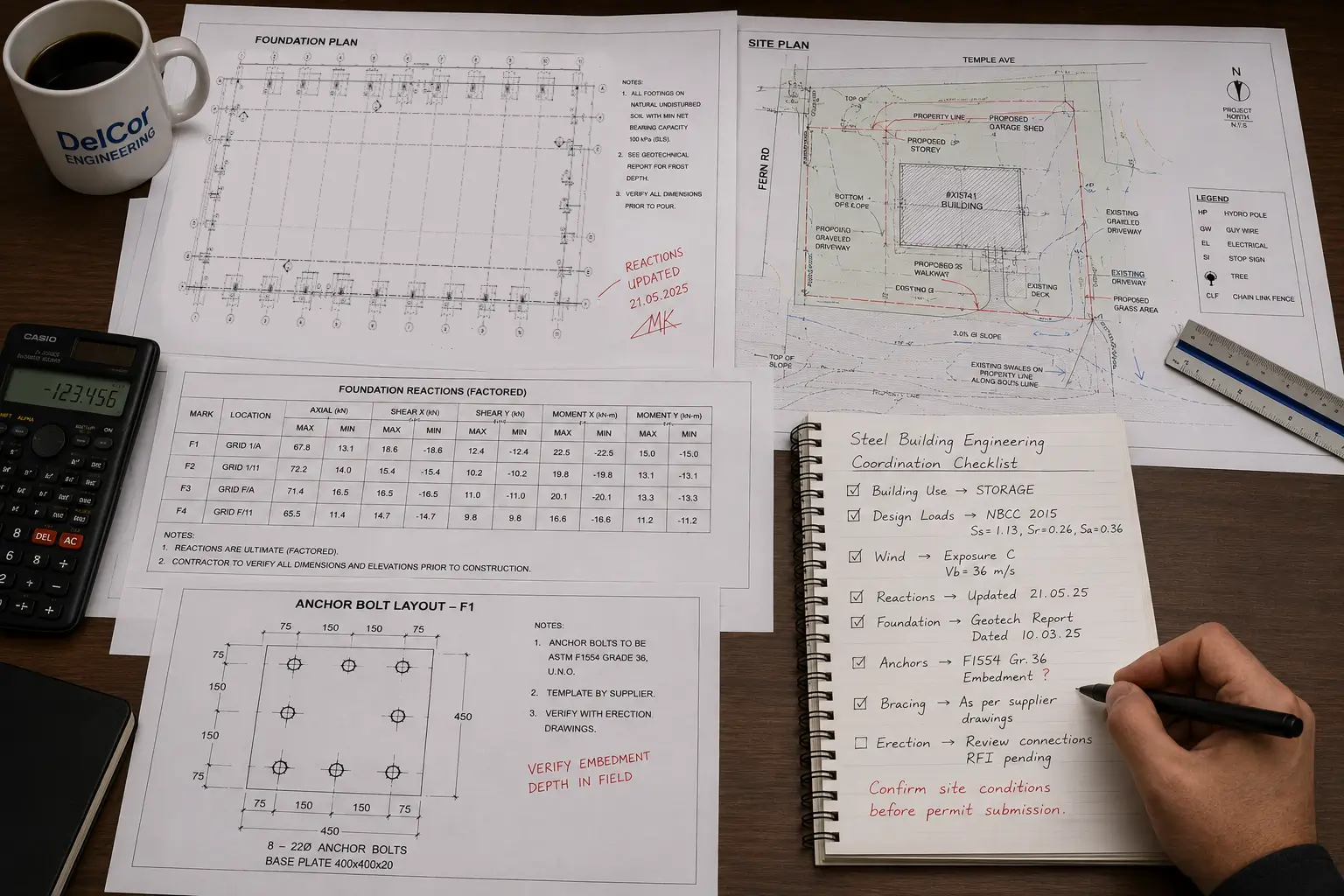 Steel building engineering in Canada with reaction table foundation plan anchor layout site plan and scope checklist