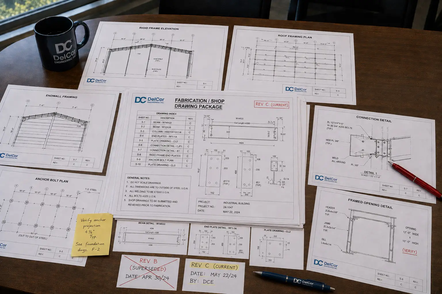Steel Building Shop Drawing Review Before Fabrication Steel building shop drawing review package with current revision connection details anchor plan and framed opening verification