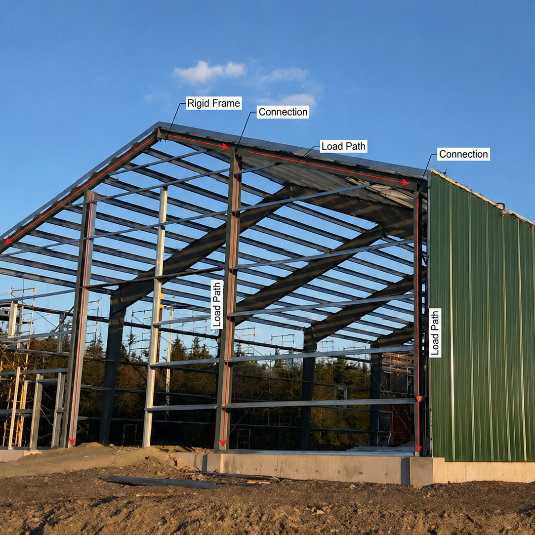 Pre-engineered steel building framing and structural load path engineering in Canada